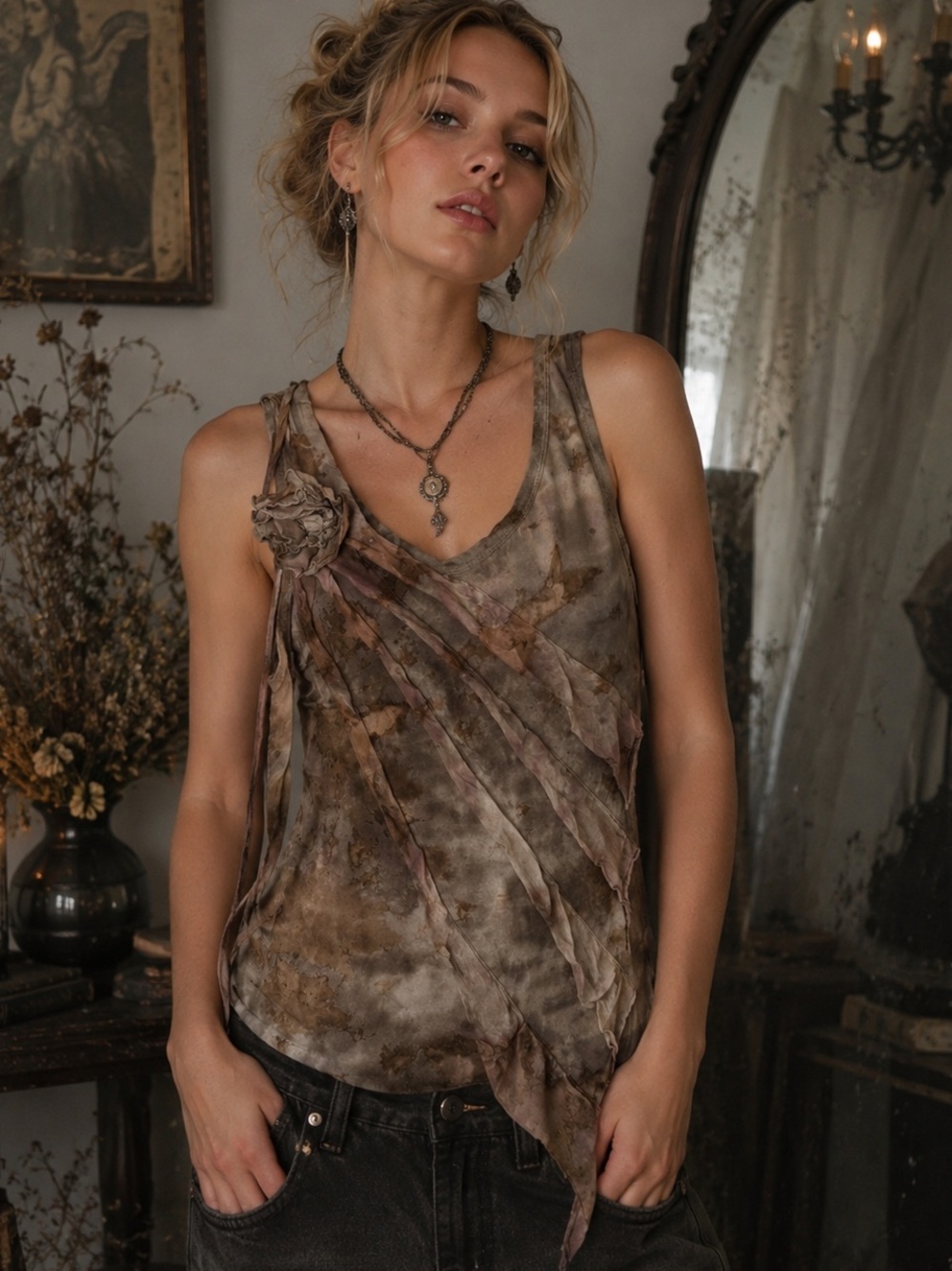 Inspired Tank Top XS Artsy Ethereal Fairy Rosette Asymmetrical Brown Whimsigoth